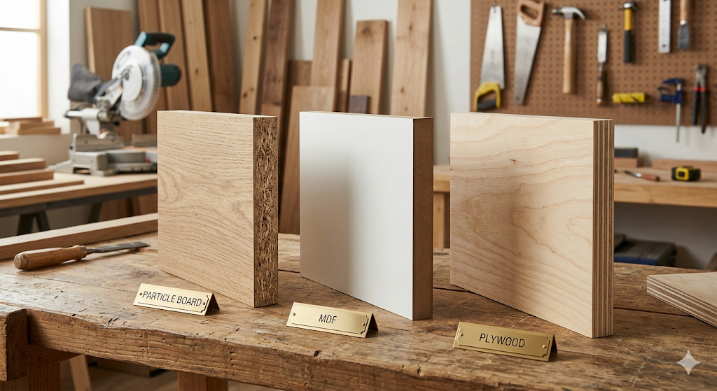 "A side-by-side comparison of Particle Board, MDF, and Plywood samples on a woodworking workbench, showing the different internal textures and layering of each wood type.