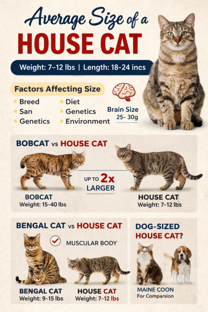 average size of a house cat infographic showing weight length and comparisons with bobcat and bengal cat