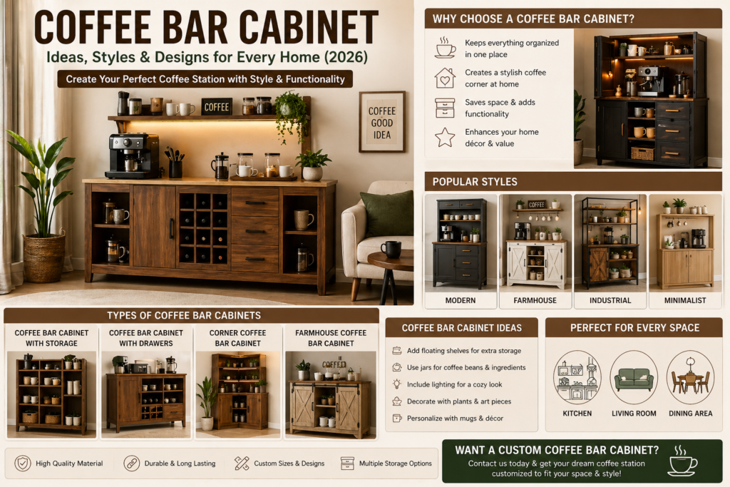 modern coffee bar cabinet with storage drawers and wooden finish