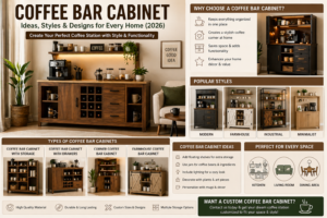 modern coffee bar cabinet with storage drawers and wooden finish
