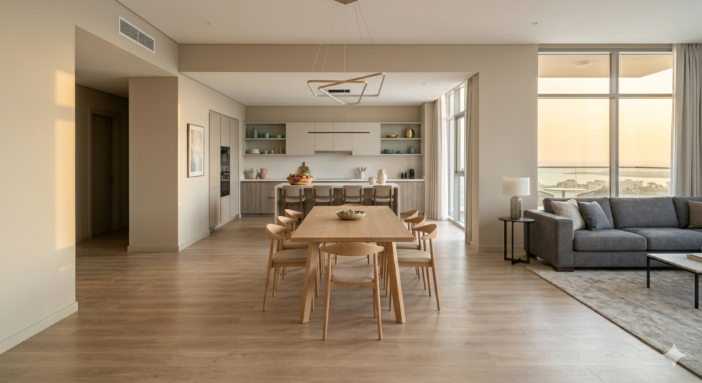 A modern open-plan home interior in Ajman, UAE, showing seamless paint color harmony between the kitchen and living room.