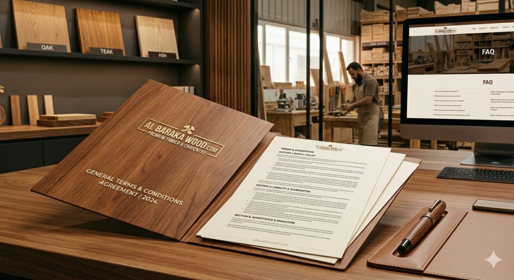 A formal, wood-branded folder titled "GENERAL TERMS & CONDITIONS AGREEMENT | 2024" for albarakawood.com, resting on a polished wooden desk with legal documents partially visible