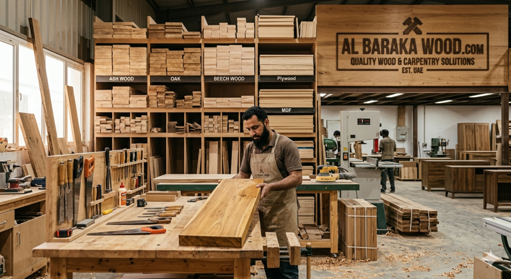 Professional carpenter working with premium teak wood in Al Baraka Wood workshop UAE.