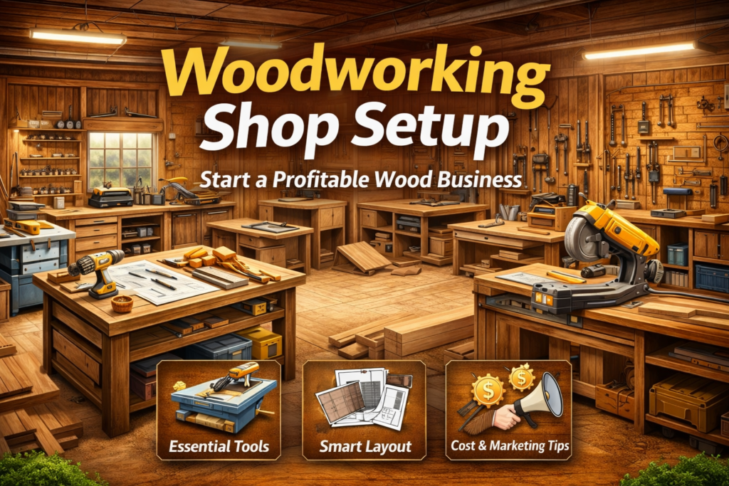 👉 woodworking shop setup with tools and machines