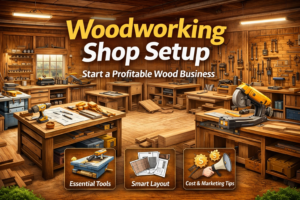👉 woodworking shop setup with tools and machines